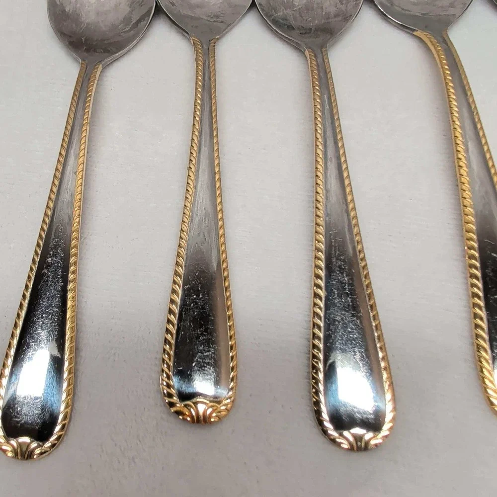International Stainless China Teaspoons 8 Piece Set Rope Edge Gold Trim 6.25in